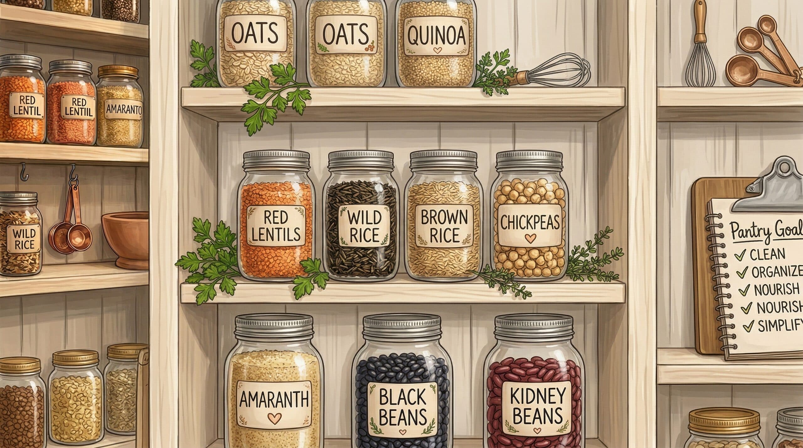 Illustrated pantry shelves with neatly organized jars of oats, rice, lentils, and herbs