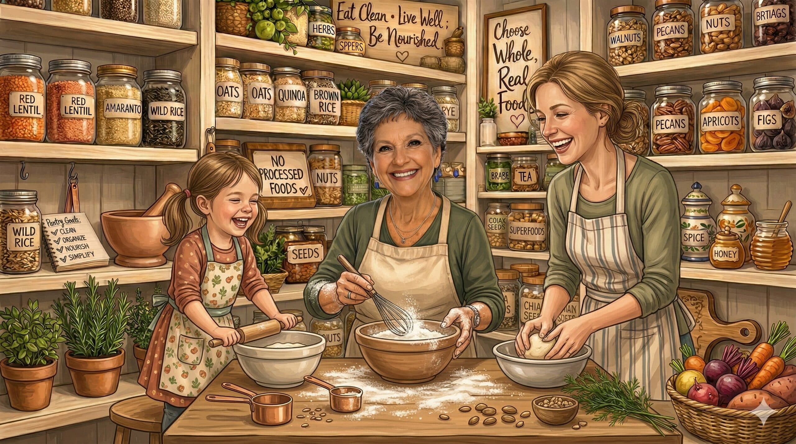 Illustrated scene of Nana cooking with family at the kitchen table