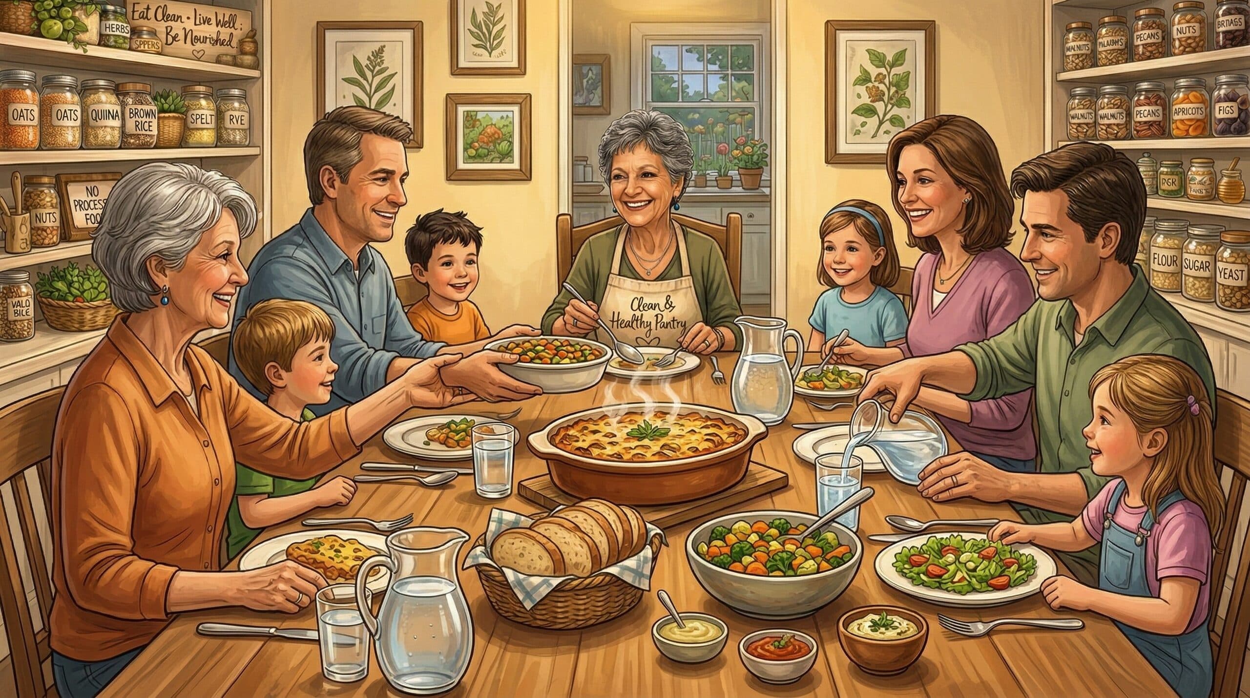 Multigenerational family gathered around a warm dinner table